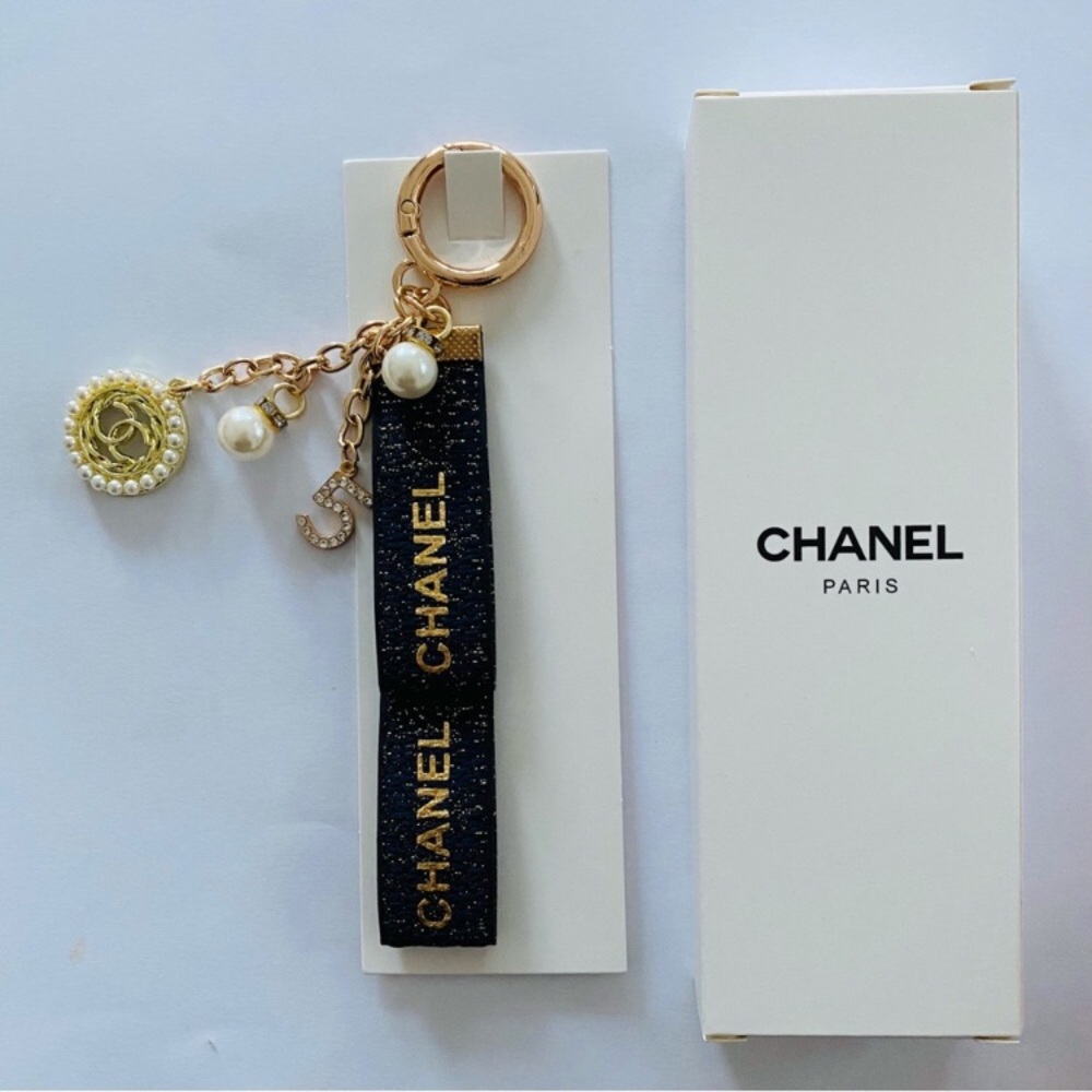 Brand New Chanel VIP Navy Metallic Ribbon Pearl Rhinestone Key Chain Bag Charm